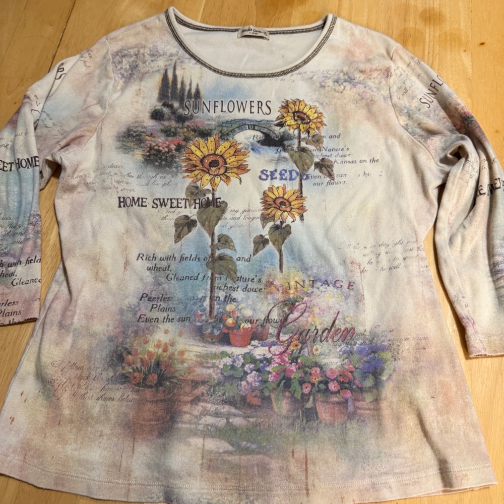Vintage sunflower shabby kitsch pretty Y2K Print 3/4 Sleeve Top